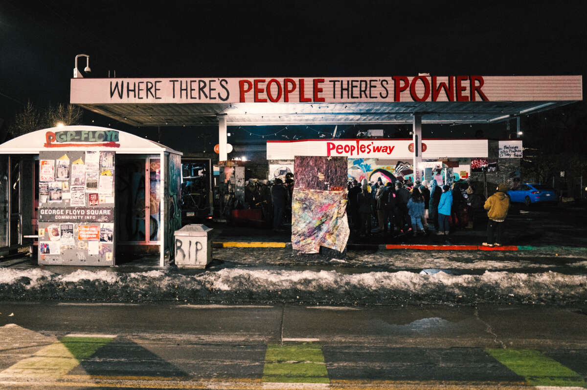 At George Floyd Square, the band Brass Solidarity plays as Minneapolis residents continue to pay tribute to Renee Good and Alex Pretti and demand that ICE leave their city on February 9, 2026, in Minneapolis, Minnesota.