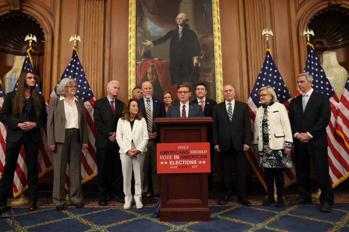 U.S. House Speaker Mike Johnson speaks during a news conference on February 11, 2026, at the U.S. Capitol in Washington, D.C. Speaker Johnson was joined by House Majority Leader Steve Scalise, House Republican Conference Chairwoman Lisa McClain, House Administration Committee Chairman Rep. Bryan Steil, Rep. Chip Roy, and House Majority Whip Tom Emmer as well as other Republican members of Congress to speak about the passage of the SAVE America Act, an election bill backed by President Donald Trump that would require proof of citizenship to register to vote and require photo identification at the ballot box.