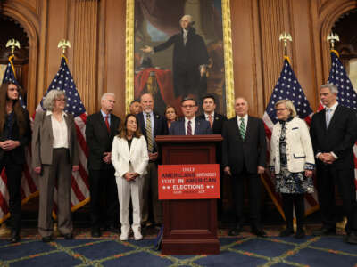 U.S. House Speaker Mike Johnson speaks during a news conference on February 11, 2026, at the U.S. Capitol in Washington, D.C. Speaker Johnson was joined by House Majority Leader Steve Scalise, House Republican Conference Chairwoman Lisa McClain, House Administration Committee Chairman Rep. Bryan Steil, Rep. Chip Roy, and House Majority Whip Tom Emmer as well as other Republican members of Congress to speak about the passage of the SAVE America Act, an election bill backed by President Donald Trump that would require proof of citizenship to register to vote and require photo identification at the ballot box.