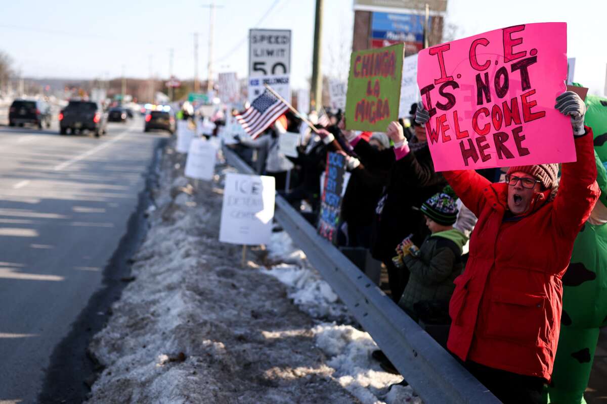 People protest against the planned project of converting a warehouse into a U.S. Immigration and Customs Enforcement (ICE) detention center in Roxbury, New Jersey, on February 16, 2026.