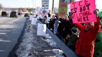 People protest against the planned project of converting a warehouse into a U.S. Immigration and Customs Enforcement (ICE) detention center in Roxbury, New Jersey, on February 16, 2026.