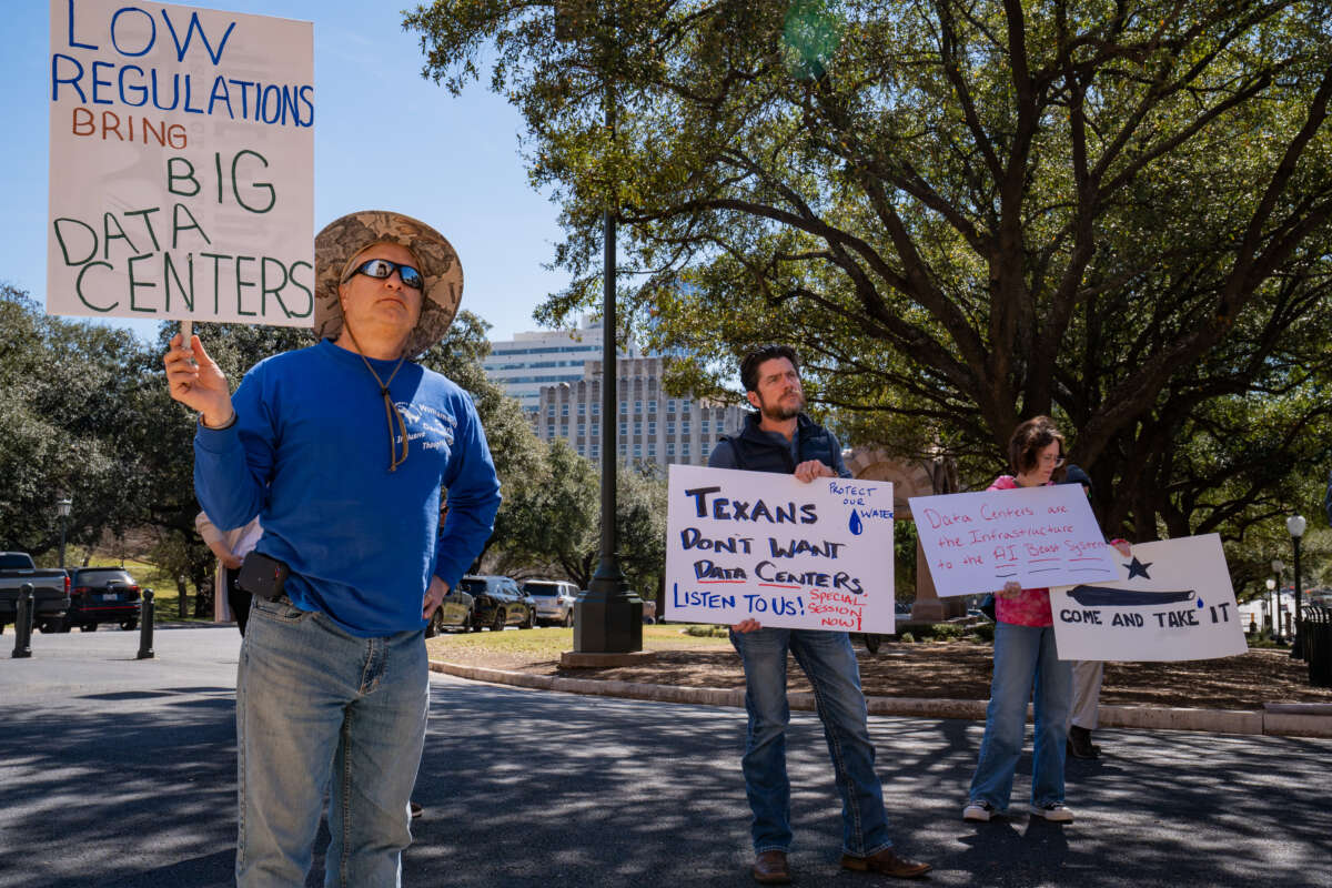 Advocacy groups and community members protest laws surrounding data centers while outside the Texas Capitol in Austin, Texas, on February 23, 2026.