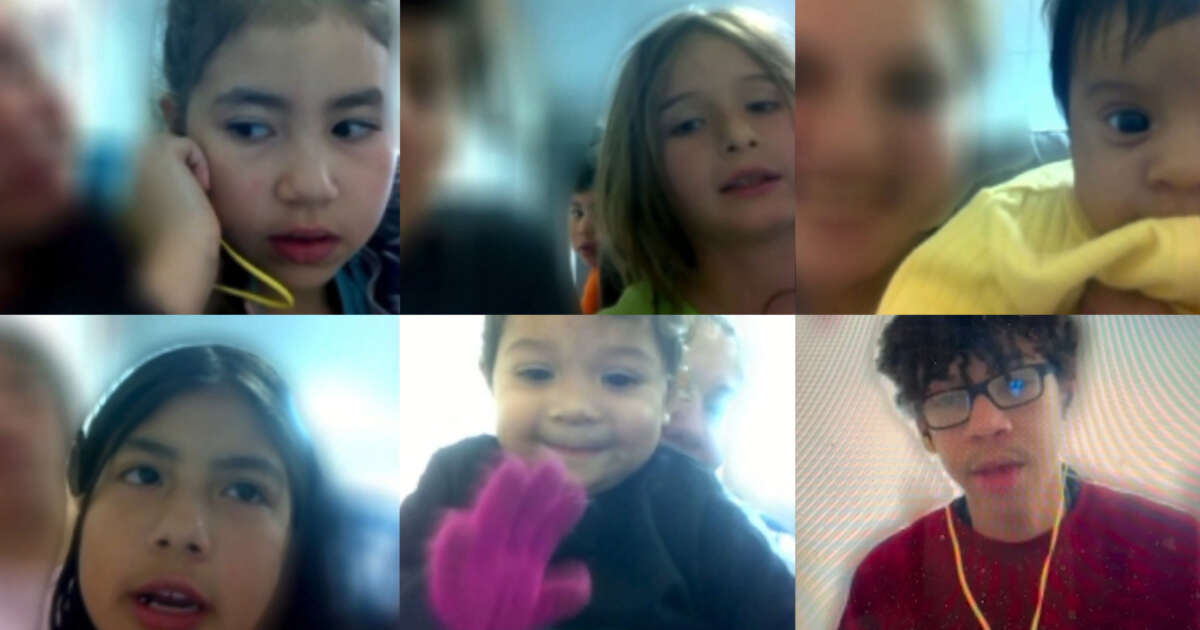 Children detained at the immigrant family detention center in Dilley, Texas, speaking with ProPublica reporter Mica Rosenberg over video call. Clockwise from top left: Diana Crespo, Luka Mora, Juan Nicolas Mo, Alexander Perez, Amalia Arrieta, Mayra Delgado.