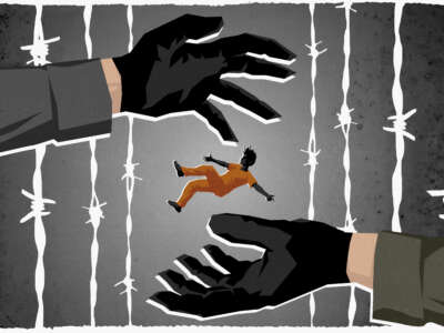 Illustration shows an incarcerated person being tossed from one giant hand onto another with barbed wire in the background.