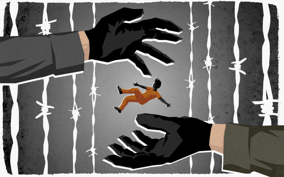 Illustration shows an incarcerated person being tossed from one giant hand onto another with barbed wire in the background.