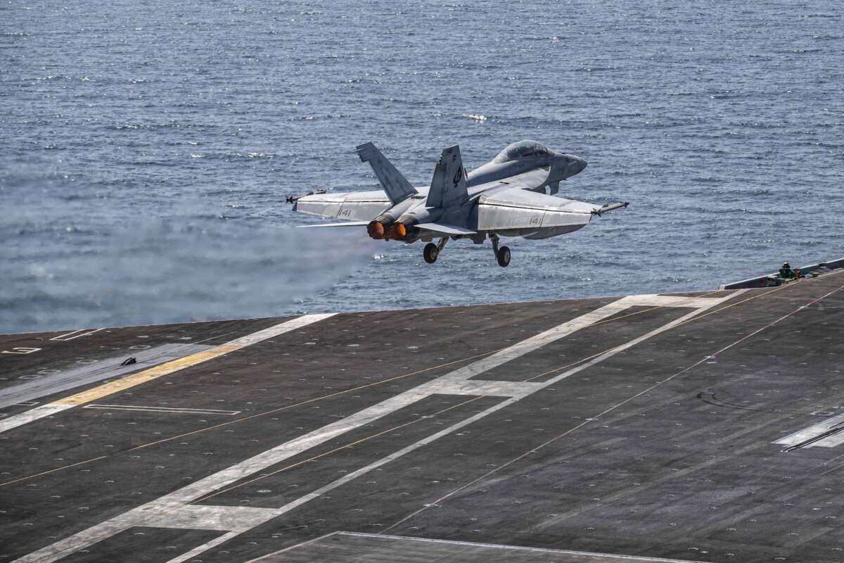 An F/A-18F Super Hornet, attached to Strike Fighter Squadron (VFA) 41, takes off from the flight deck of Nimitz-class aircraft carrier USS Abraham Lincoln (CVN 72) in support of Operation Epic Fury, Feb. 28, 2026