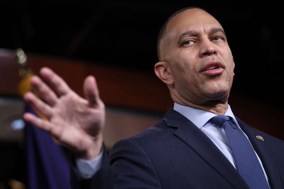 House Democratic Leader Hakeem Jeffries answers questions during a press conference at the U.S. Capitol February 12, 2026 in Washington, D.C.