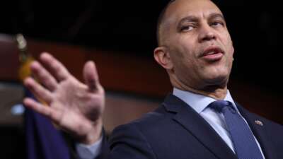 House Democratic Leader Hakeem Jeffries answers questions during a press conference at the U.S. Capitol February 12, 2026 in Washington, D.C.