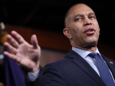 House Democratic Leader Hakeem Jeffries answers questions during a press conference at the U.S. Capitol February 12, 2026 in Washington, D.C.