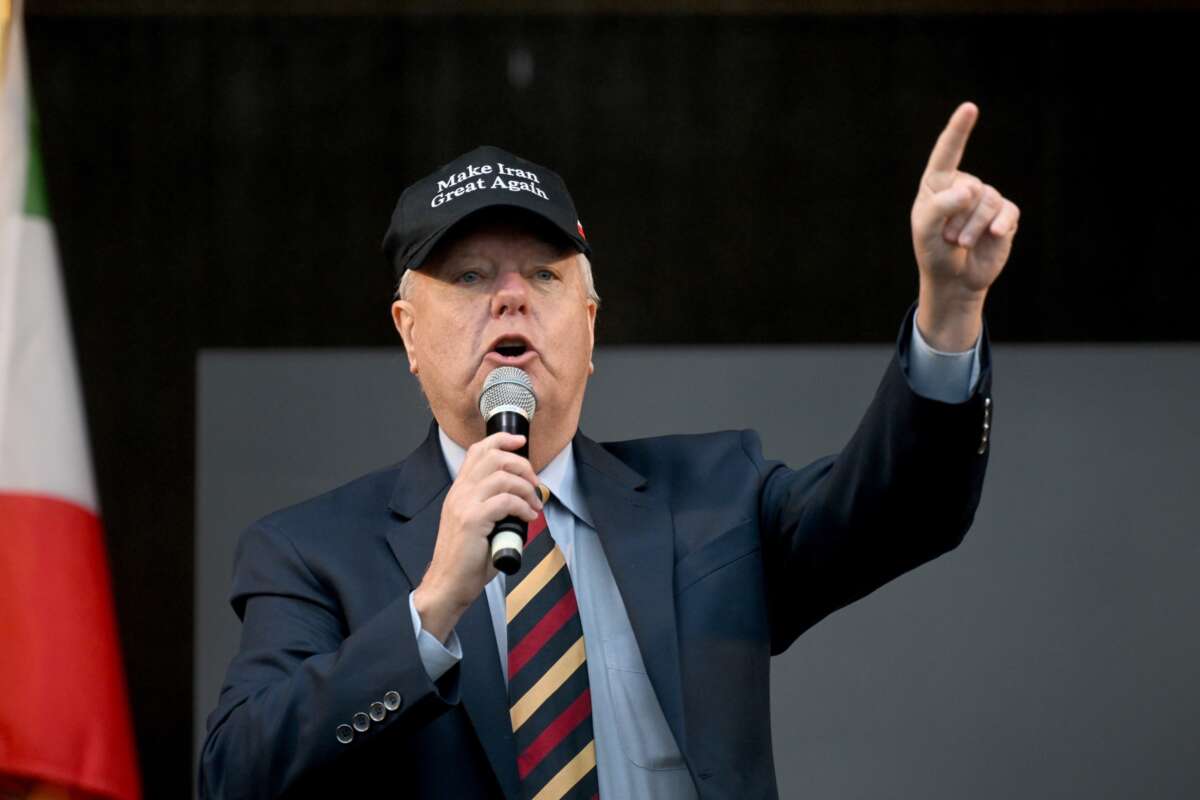 U.S. Sen. Lindsey Graham stands on stage at a demonstration in Bavaria, Munich on February 14, 2026.