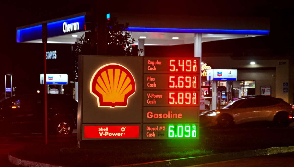 High gas prices are listed at Shell gas station in Los Angeles on March 9, 2026, as gasoline prices surge amid the ongoing war with Iran.
