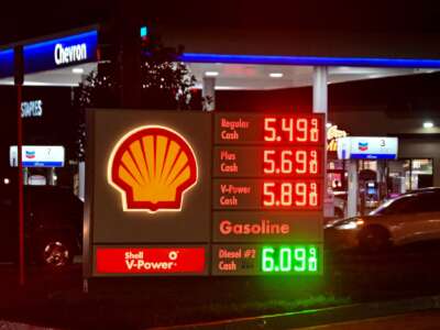 High gas prices are listed at Shell gas station in Los Angeles on March 9, 2026, as gasoline prices surge amid the ongoing war with Iran.