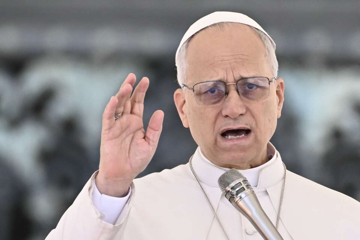 Pope Leo XIV addresses the crowd during the weekly general audience at St Peter's Square in The Vatican on March 25, 2026.