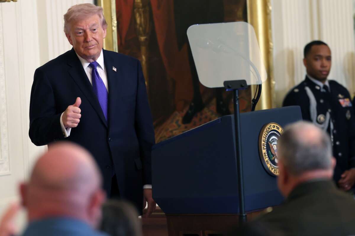 President Donald Trump acknowledges retired Command Sergeant Major Terry P. Richardson, U.S. Army during a Medal of Honor Ceremony in the East Room of the White House on March 2, 2026 in Washington, D.C.