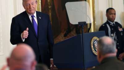 President Donald Trump acknowledges retired Command Sergeant Major Terry P. Richardson, U.S. Army during a Medal of Honor Ceremony in the East Room of the White House on March 2, 2026 in Washington, D.C.