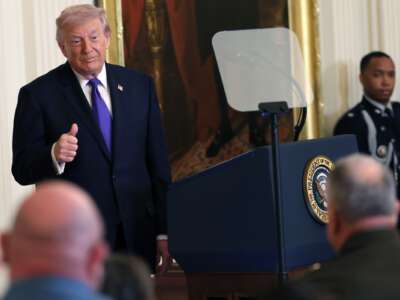 President Donald Trump acknowledges retired Command Sergeant Major Terry P. Richardson, U.S. Army during a Medal of Honor Ceremony in the East Room of the White House on March 2, 2026 in Washington, D.C.