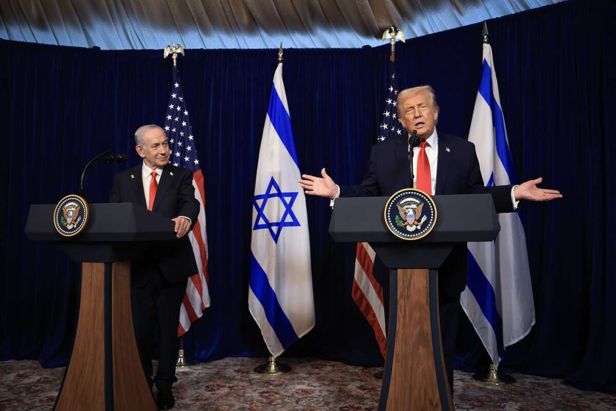 U.S. President Donald Trump holds a press conference with Israeli Prime Minister Benjamin Netanyahu at his Mar-a-Lago club on December 29, 2025 in Palm Beach, Florida.