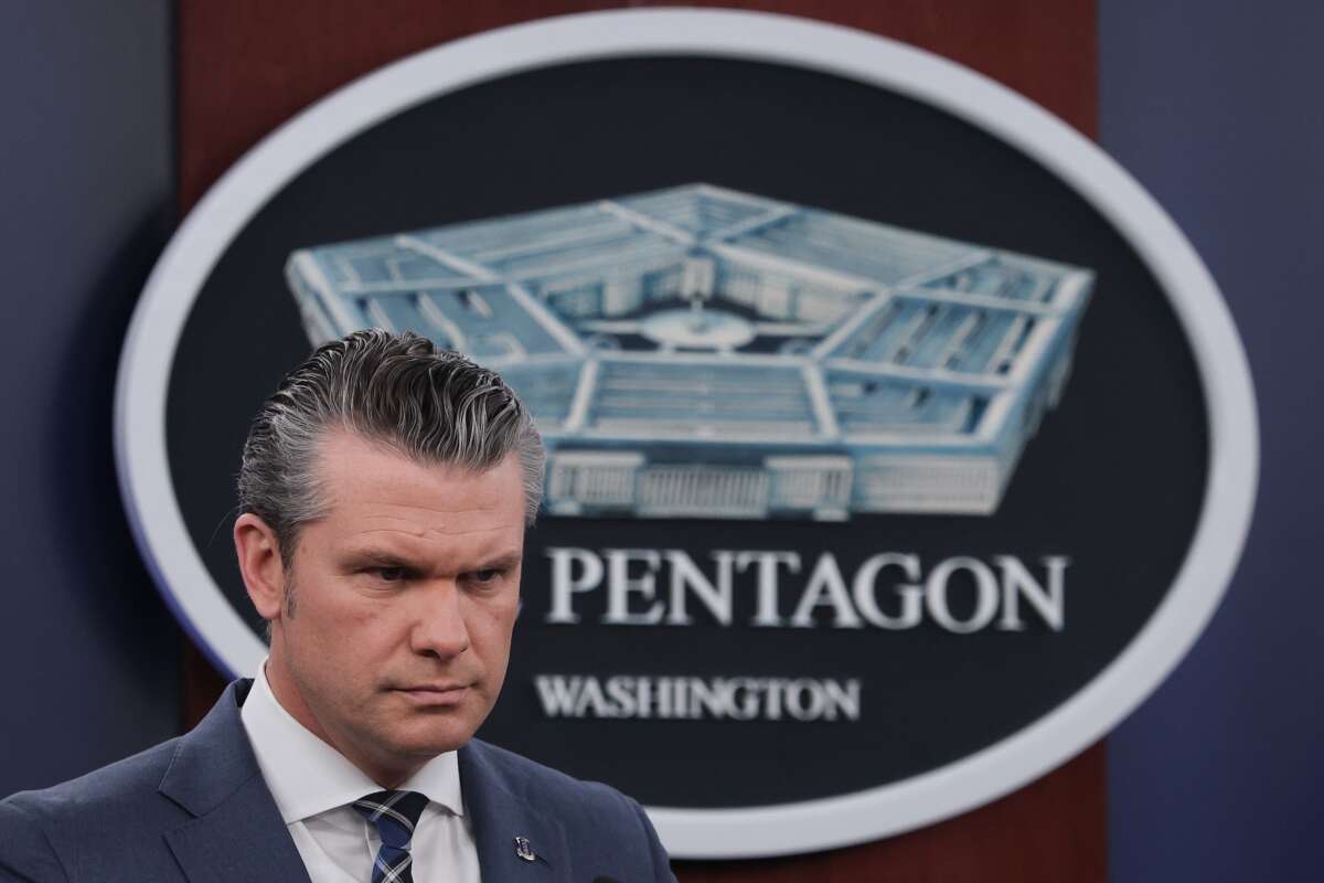 Secretary of War Pete Hegseth provides updates on military operations in Iran during a press briefing at the Pentagon on March 19, 2026 in Arlington, Virginia.