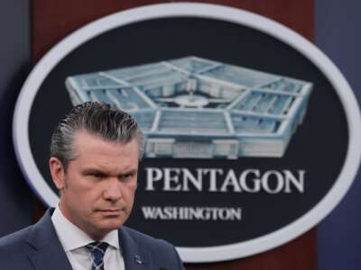 Secretary of War Pete Hegseth provides updates on military operations in Iran during a press briefing at the Pentagon on March 19, 2026 in Arlington, Virginia.