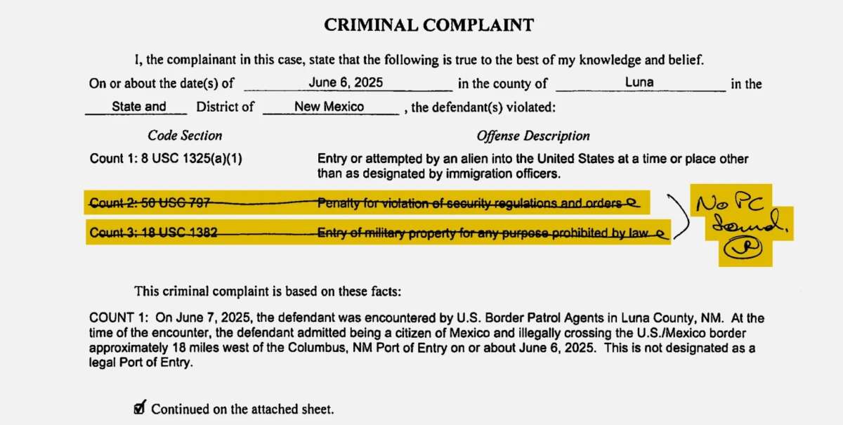 In a criminal complaint issued in New Mexico and reviewed by ProPublica, a judge crossed out two of the three counts, noting they did not have “PC,” or probable cause.