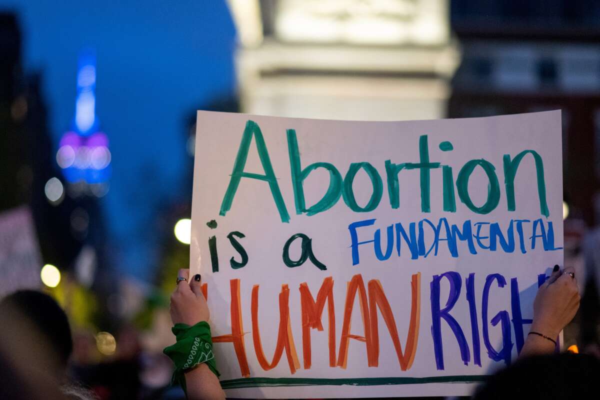 People gather during a rally in support of abortion rights in Washington Square Park on May 3, 2022, in New York City.
