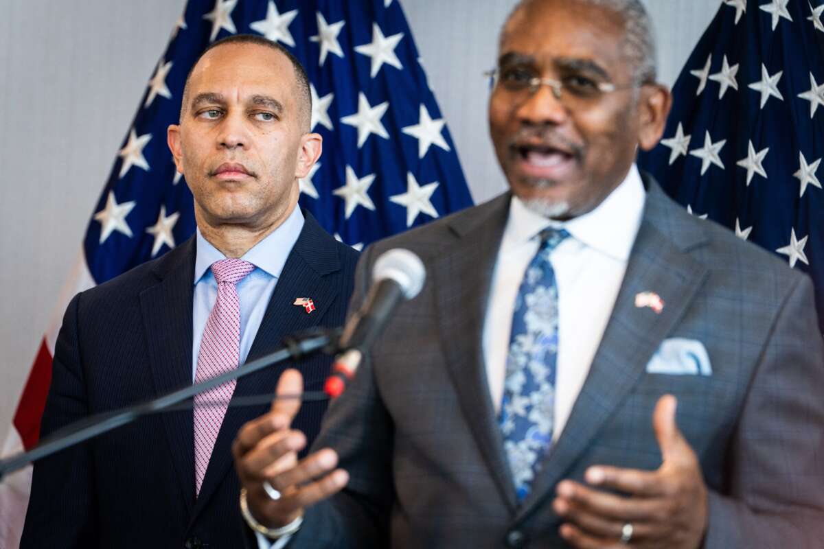 House Minority Leader Hakeem Jeffries (L) and Rep. Gregory W. Meeks address a press conference in Copenhagen, Denmark, on April 25, 2025.