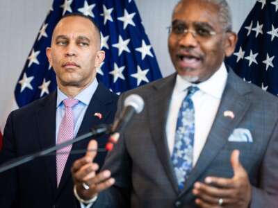 House Minority Leader Hakeem Jeffries (L) and Rep. Gregory W. Meeks address a press conference in Copenhagen, Denmark, on April 25, 2025.