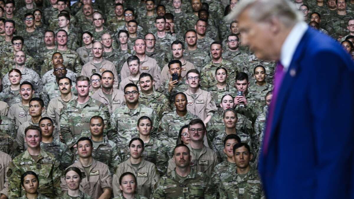 Donald Trump arrives to address troops at the Al Udeid Air Base southwest of Doha, Qatar, on May 15, 2025.