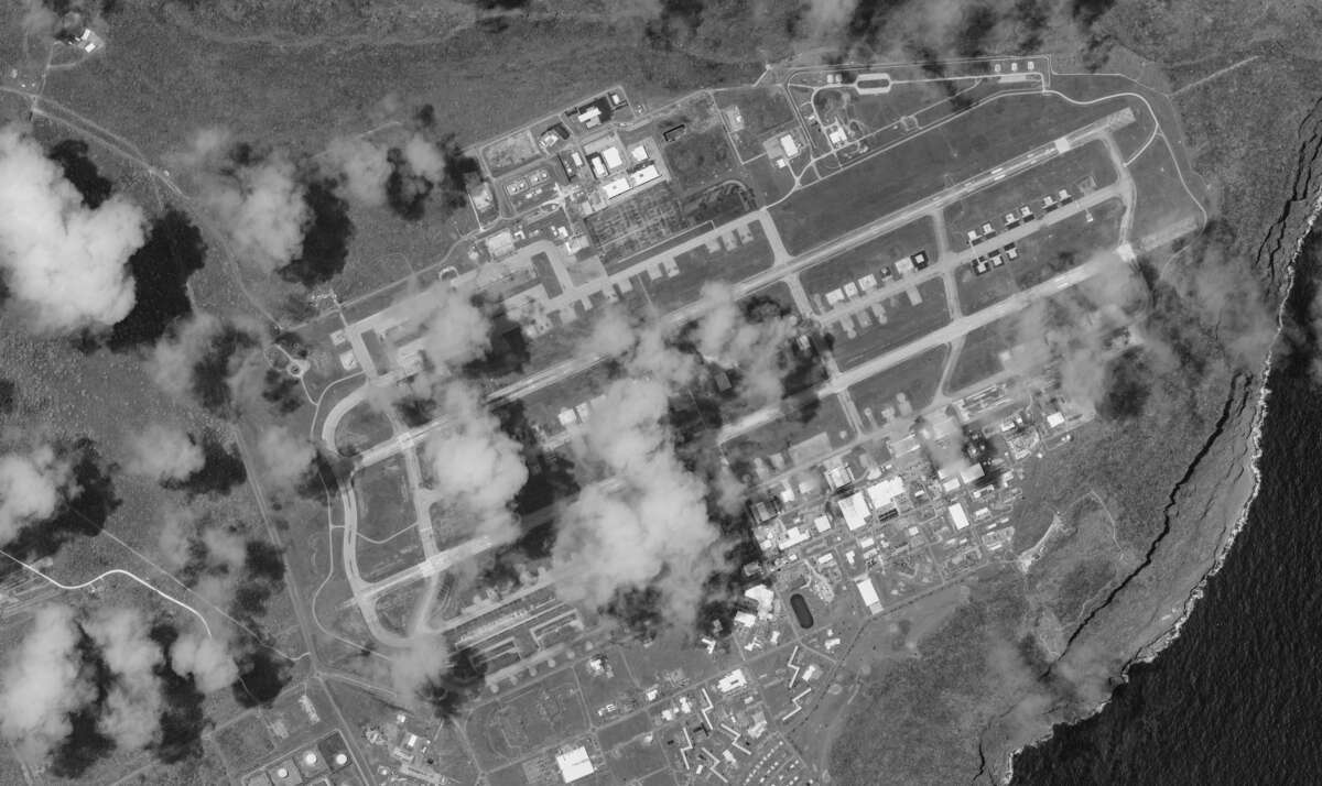 Satellite imagery in grayscale details Andersen Air Force Base on May 8, 2025.