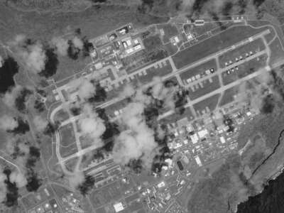 Satellite imagery in grayscale details Andersen Air Force Base on May 8, 2025.