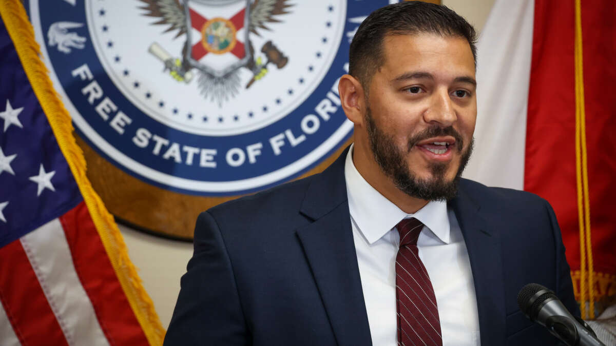Florida Department of Education Commissioner Anastasios Kamoutsas speaks during a news conference in Orlando, Florida, on July 15, 2025.