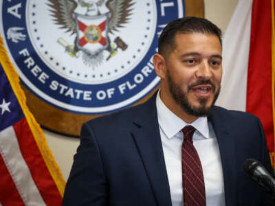 Florida Department of Education Commissioner Anastasios Kamoutsas speaks during a news conference in Orlando, Florida, on July 15, 2025.