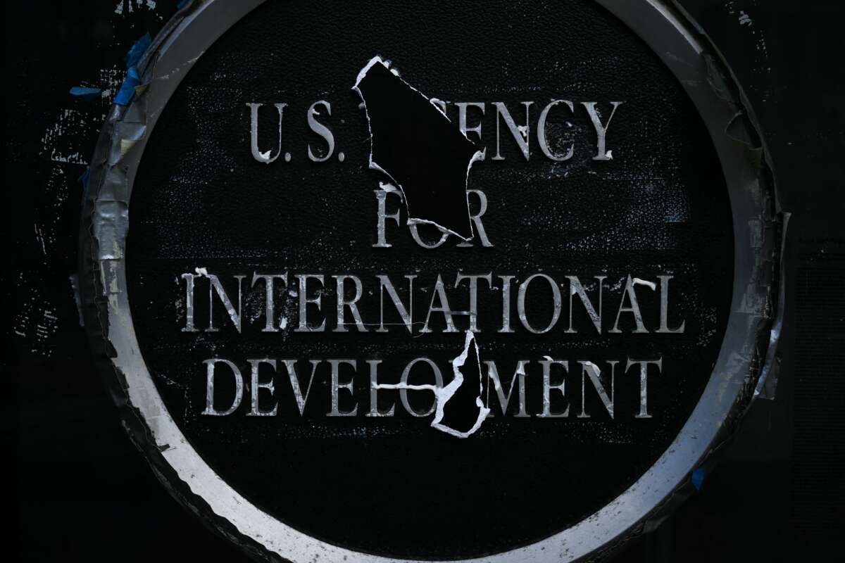 Remnants of signage for the US Agency for International Development (USAID) on the facade of the Ronald Reagan Building and International Trade Center building in Washington, D.C., on December 29, 2025.