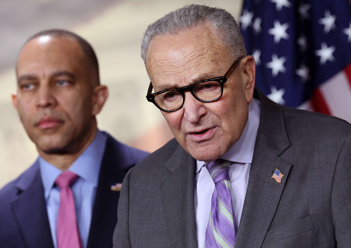 U.S. Senate Minority Leader Chuck Schumer, joined by House Minority Leader Hakeem Jeffries, speaks at a press conference on Department of Homeland Security (DHS) funding at the U.S. Capitol on February 4, 2026, in Washington, D.C.