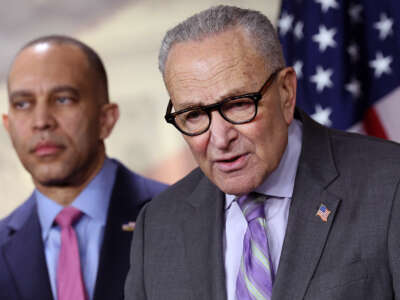 U.S. Senate Minority Leader Chuck Schumer, joined by House Minority Leader Hakeem Jeffries, speaks at a press conference on Department of Homeland Security (DHS) funding at the U.S. Capitol on February 4, 2026, in Washington, D.C.