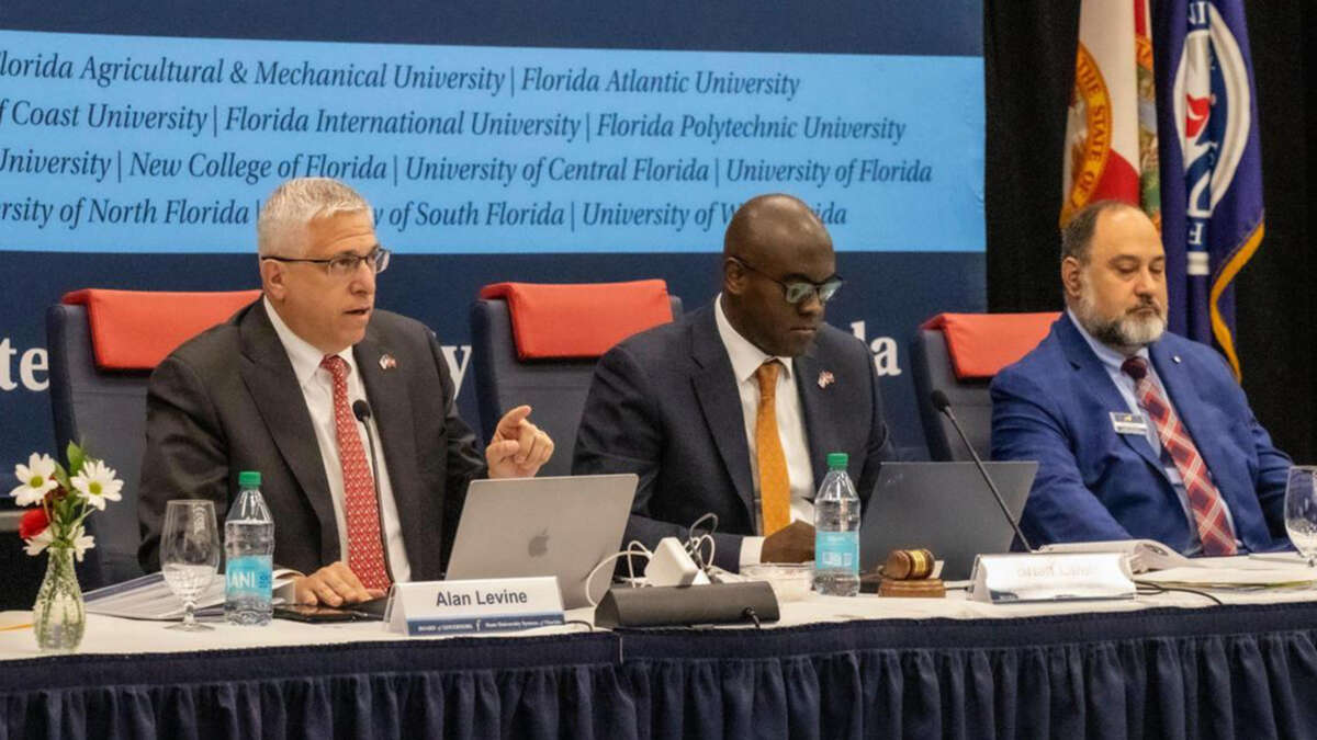 Chairman Alan Levine (left) speaks during the state university system's Board of Governors meeting at Florida Atlantic University on June 18, 2025, in Boca Raton, Florida.