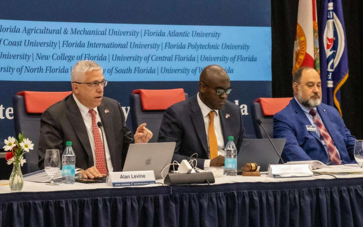 Chairman Alan Levine (left) speaks during the state university system's Board of Governors meeting at Florida Atlantic University on June 18, 2025, in Boca Raton, Florida.