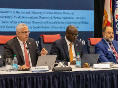 Chairman Alan Levine (left) speaks during the state university system's Board of Governors meeting at Florida Atlantic University on June 18, 2025, in Boca Raton, Florida.