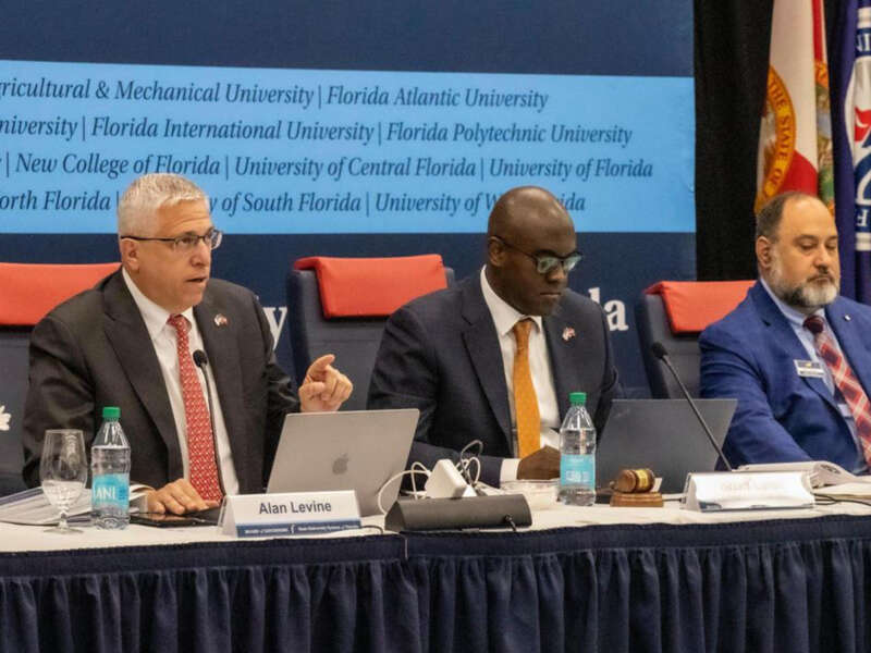 Chairman Alan Levine (left) speaks during the state university system's Board of Governors meeting at Florida Atlantic University on June 18, 2025, in Boca Raton, Florida.