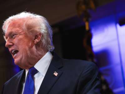 Donald Trump speaks during a press briefing held at the White House on February 20, 2026, in Washington, D.C. The Supreme Court ruled against Trump’s use of emergency powers to implement international trade tariffs, a central portion of the administration’s core economic policy.