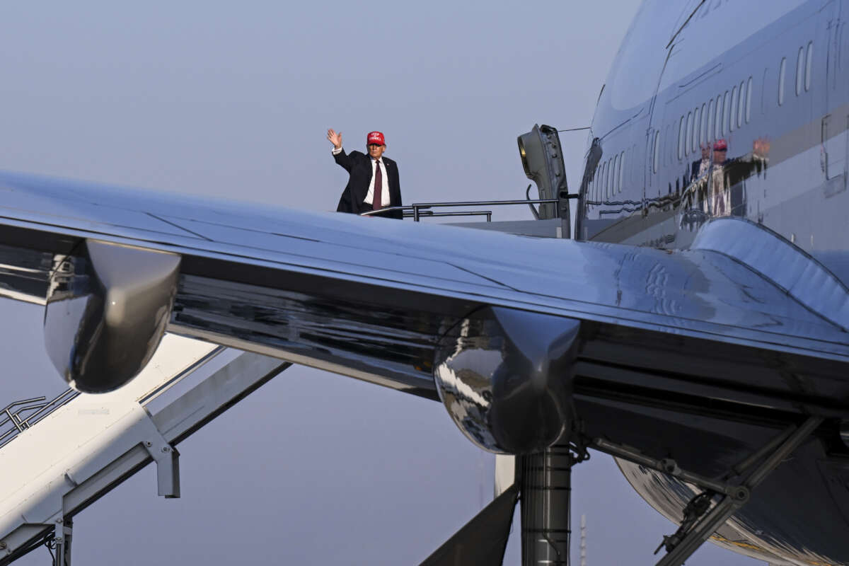 President Donald Trump waves before boarding Air Force One at Corpus Christi International Airport on February 27, 2026, in Corpus Christi, Texas.