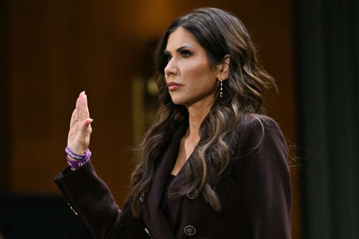 Homeland Security Secretary Kristi Noem is sworn in as she testifies during a Senate Judiciary Committee hearing on oversight of the Department of Homeland Security, on Capitol Hill in Washington, D.C., on March 3, 2026.