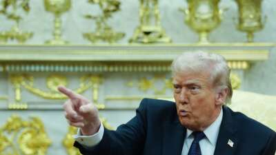 Donald Trump speaks during a meeting with German Chancellor Friedrich Merz at the White House to discuss the war in Iran, the tariff dispute between the European Union and the U.S., the Russian war of aggression against Ukraine, and China policy, on March 3, 2026, in Washington, D.C.