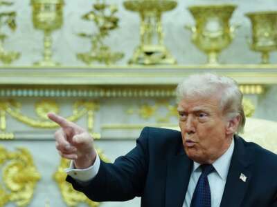 Donald Trump speaks during a meeting with German Chancellor Friedrich Merz at the White House to discuss the war in Iran, the tariff dispute between the European Union and the U.S., the Russian war of aggression against Ukraine, and China policy, on March 3, 2026, in Washington, D.C.