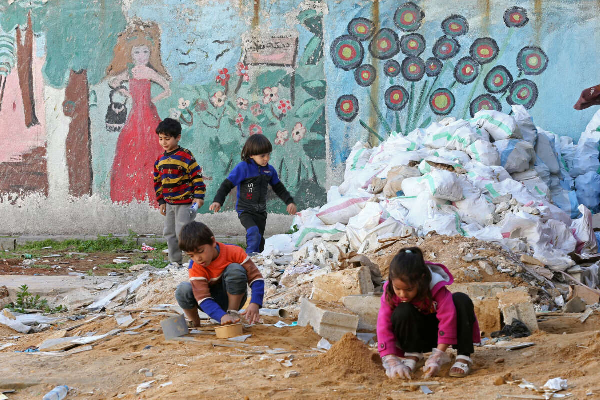 Displaced Lebanese children play inside the compound of a school transformed into a shelter in the southern coastal city of Sidon, Lebanon, on March 5, 2026.