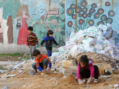 Displaced Lebanese children play inside the compound of a school transformed into a shelter in the southern coastal city of Sidon, Lebanon, on March 5, 2026.