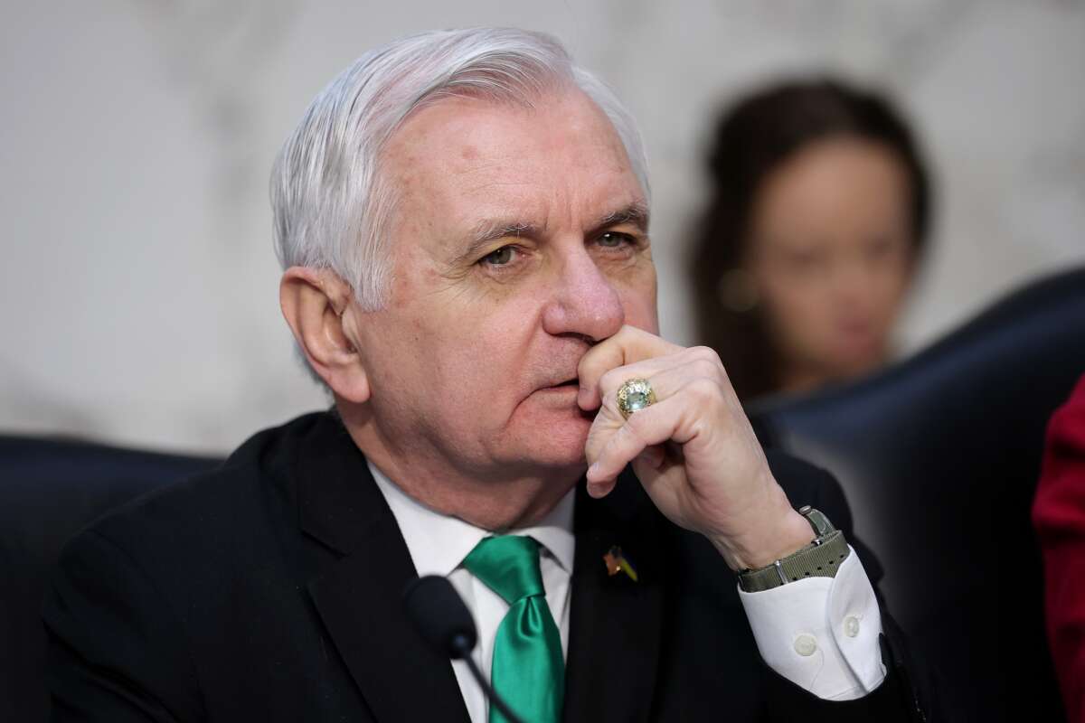 Ranking member of the Senate Armed Service Committee Sen. Jack Reed (D-Rhode Island) questions Under Secretary of Defense for Policy Elbridge Colby during a Senate Armed Service Committee hearing at the Hart Senate Office Building on March 3, 2026, in Washington, D.C. Some Senate Democrats like Reed haven’t ruled out voting for a possible supplemental funding bill for the Pentagon, even as the annual U.S. military budget cleared $1 trillion.