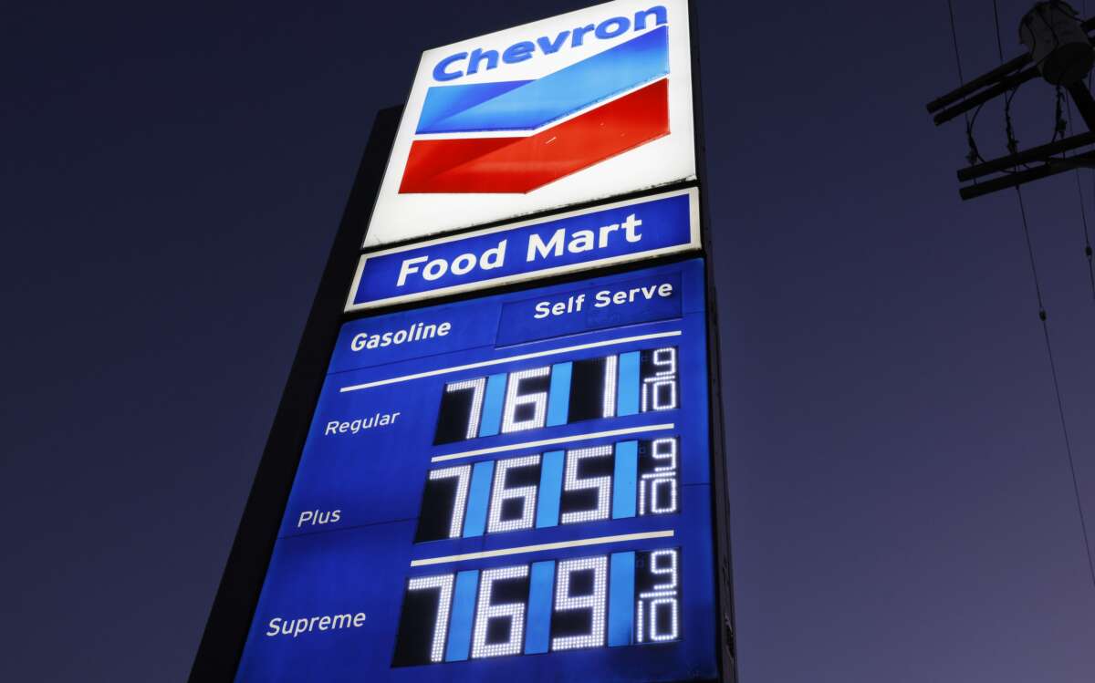 High gas prices are displayed at a Chevron station in downtown Los Angeles, California, on March 3, 2026.