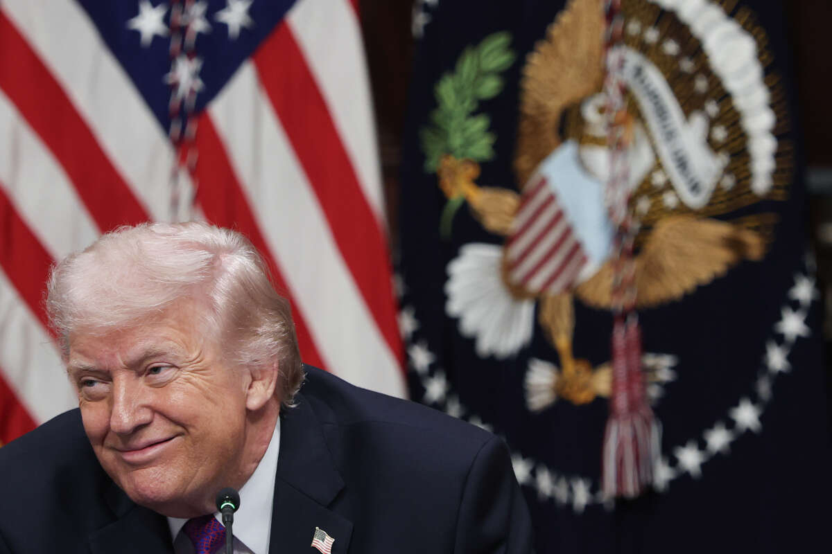 U.S. President Donald Trump listens to speakers during a roundtable meeting on the administration's "ratepayer protection pledge" in the Indian Treaty Room at the White House on March 4, 2026, in Washington, D.C.