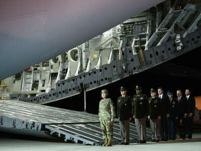 US military leaders line up in front of a military plane